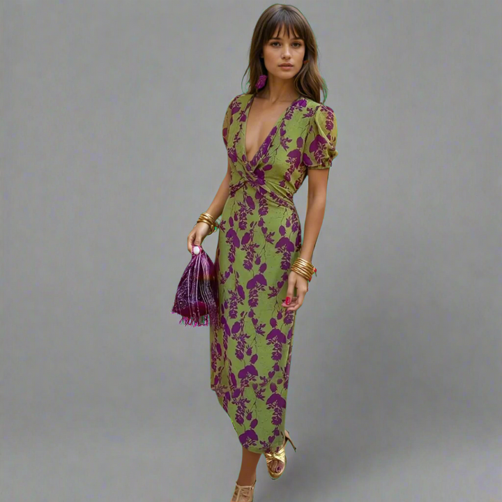 Zalherlind | Elegantes Wickelkleid in Grün und Lila